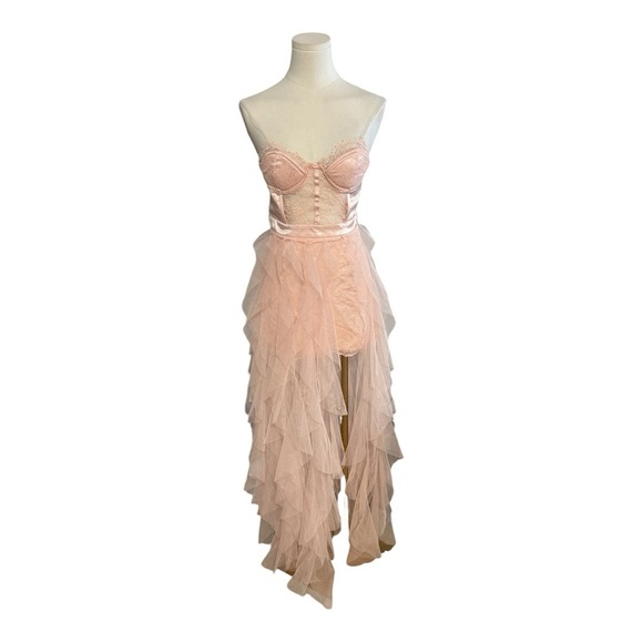 PINK Lace Mesh Tulle Mini‎ Maxi Flowy Bustier Corset Dress Size S Ruffle Sexy - Picture 3 of 8